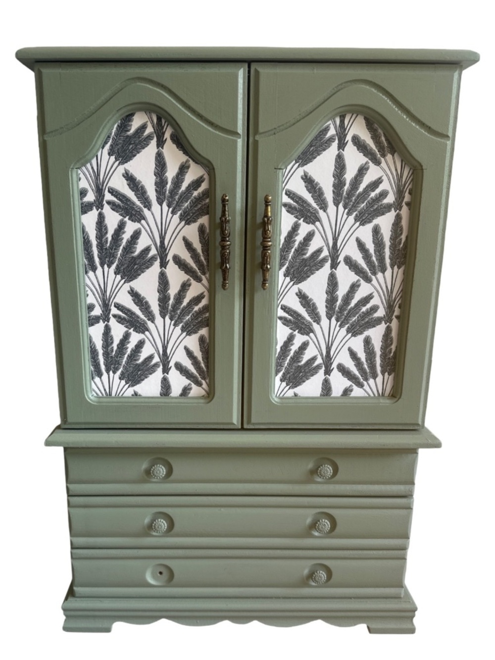 Sage Green Mini Armoire Jewelry Box with Black Botanical Inlay - Picture 2 of 4